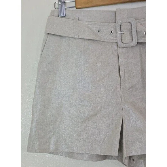 Nine West Metallic Linen Blend Shorts Belted High Waist Gold Beige Womens Small - Picture 5 of 12